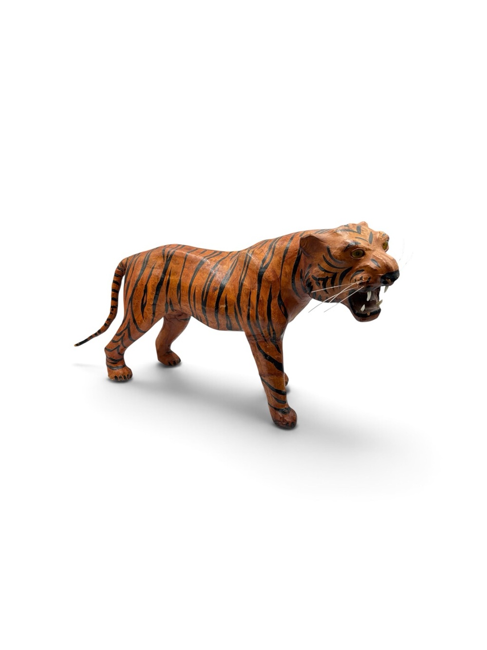 Vintage Leather Wrapped Papier Mache Tiger Sculpture 24” MCM Folk Art